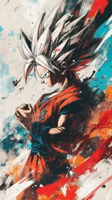 Storm-charged warrior in blazing ink-splash resolve.