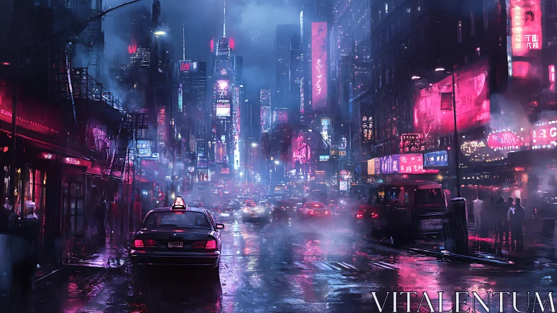 Neon-soaked cyberpunk city street glows through rainfall.