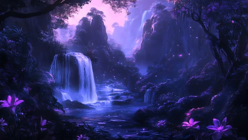 Digital landscape renders layered waterfalls in violet forest