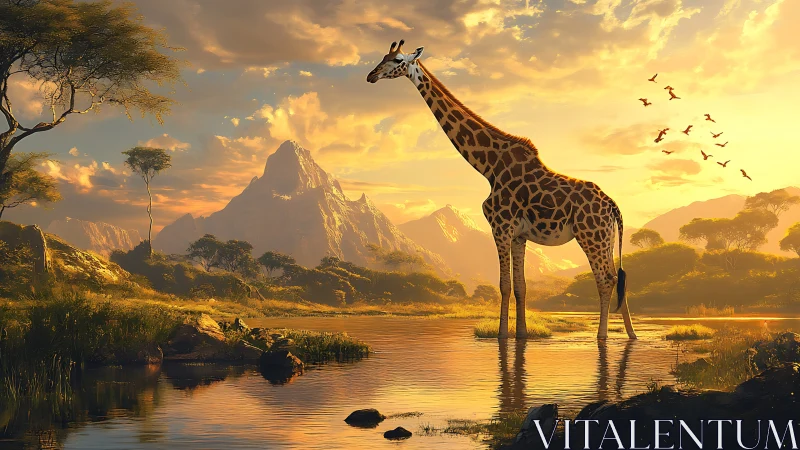 Giraffe in reflective savanna water at golden sunset light