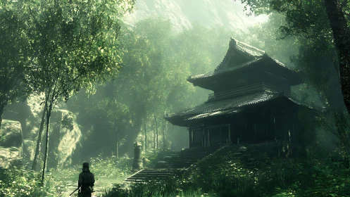 Lone wanderer approaches a misty forest shrine at dawn