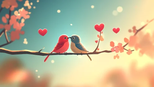 Two Cardinals Perched on Branch With Floating Heart Symbols and Blossoms