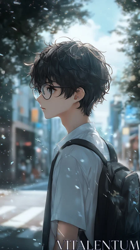 Side-profile anime student stands in soft city daylight