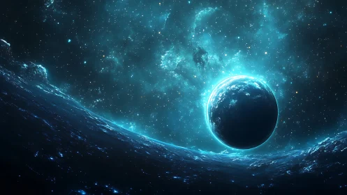 Luminous blue planet rising above a glowing cosmic horizon.