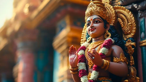 Hindu temple deity statue glows with warm morning light