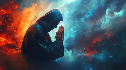 Hooded figure in cosmic prayer framed by fire and nebulae.
