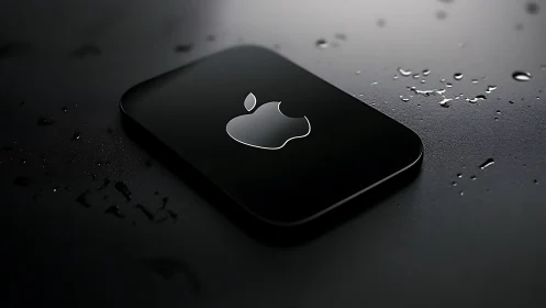 Black iPhone with Apple Logo on Wet Surface.