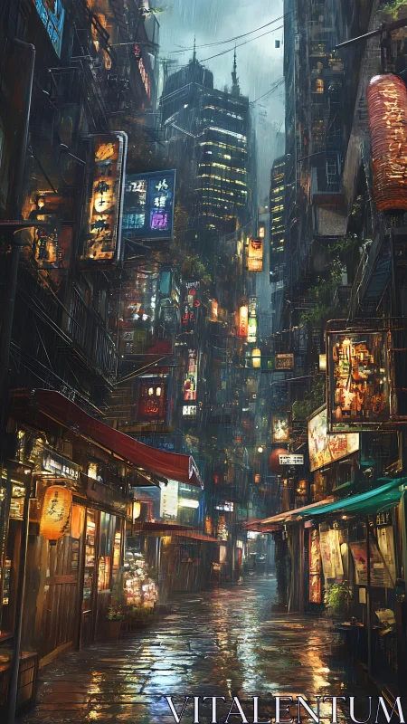 Neon rain alleyway dreaming beneath towering cyber spires.