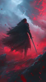 Dark warrior strides through raging red and blue storm.