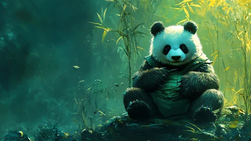 Gentle panda guardian rests in a glowing bamboo forest