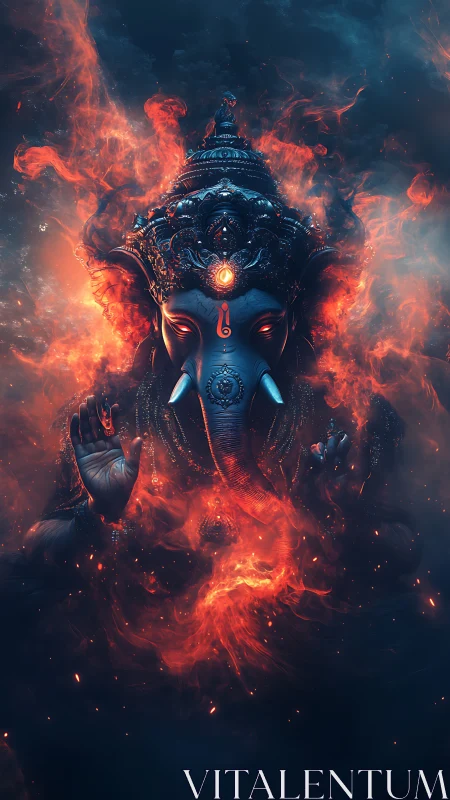Flame-wreathed Ganesha unfolds serenity in molten night