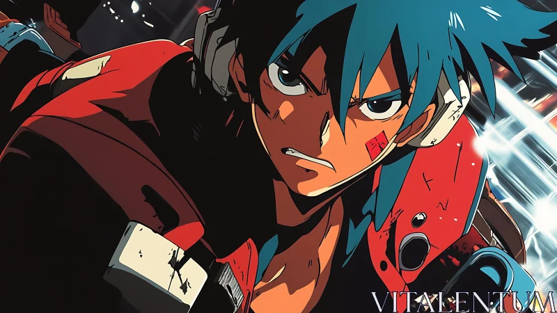 Blue haired anime fighter in red armor locked in battle.