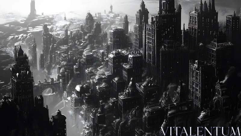 Monochrome neo-gothic megacity renders dense industrial sprawl
