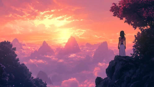 Figure observing distant mountain peaks above cloud layer.