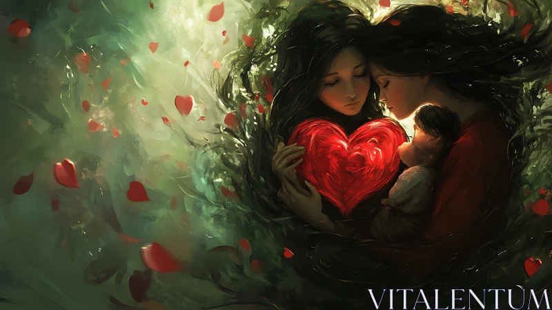 Three figures holding illuminated heart form within garden environment.