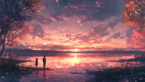 Gentle sunset welcomes two quiet figures by the glowing lake
