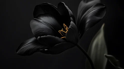 Black Flower with Golden Stamens Against Dark Background.