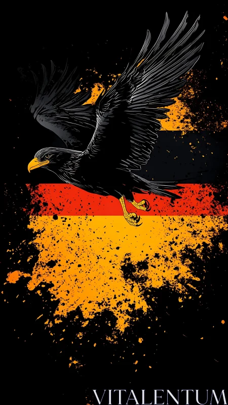 Soaring black eagle over splattered tricolor stormfield.