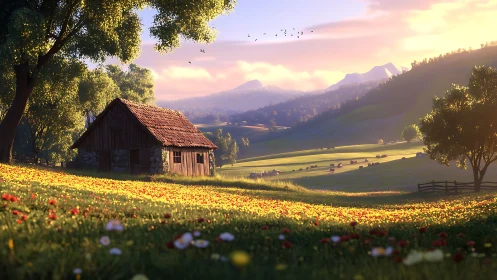 Sunlit 3D rural meadow with stone cabin and distant mountains