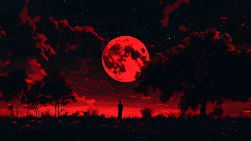 Crimson lunar horizon frames silhouetted trees and lone observer