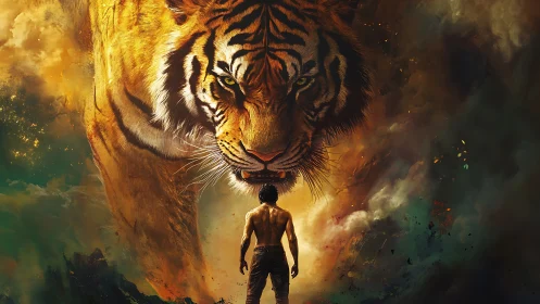 Man faces giant tiger in swirling smoky fantasy scene.