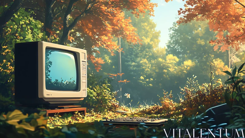Retro monitor glowing in sunlit autumn forest clearing.
