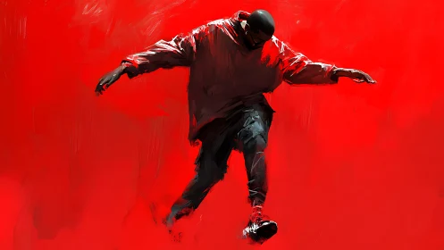 Solitary figure in red garment descends within red field