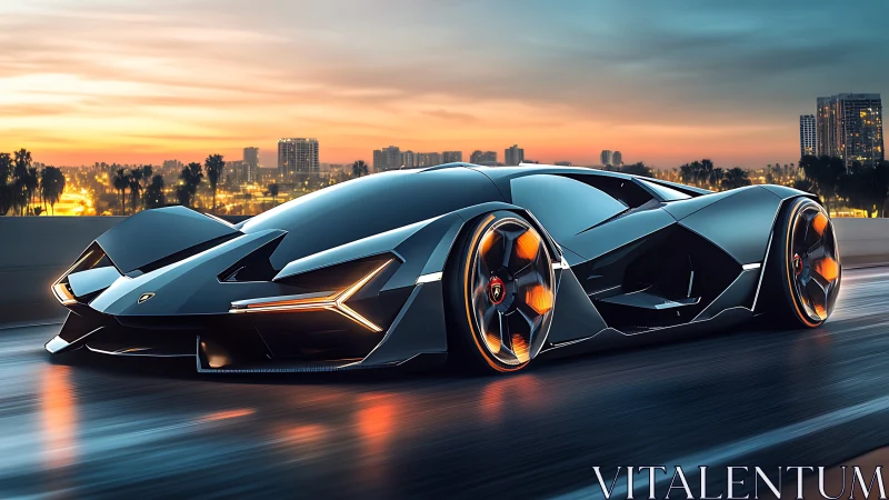 Futuristic black supercar speeding on city highway at dusk.
