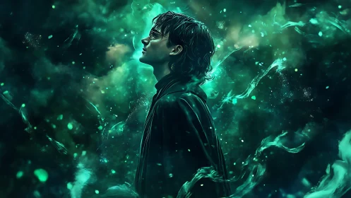 Stargazing dreamer wrapped in swirling emerald mist.