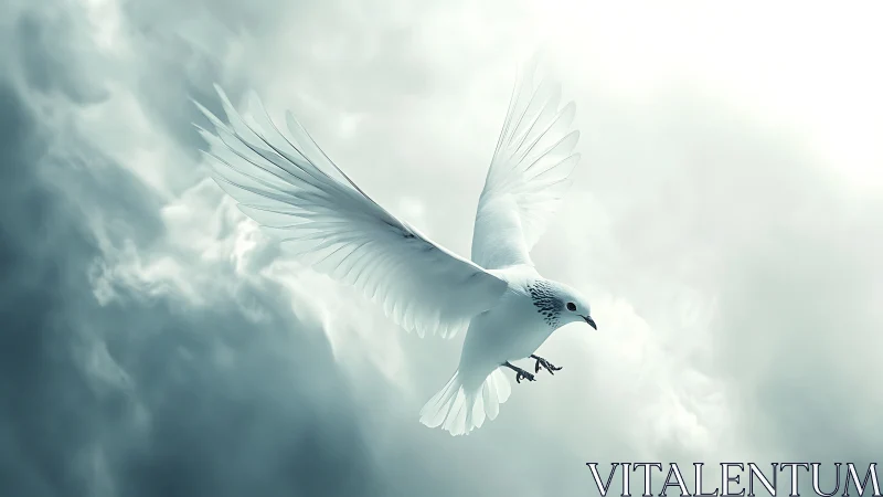 White bird glides through bright clouded sky in mid flight