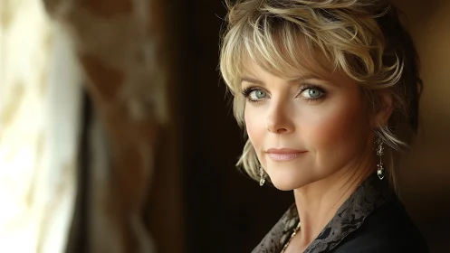 Elegant middle-aged woman in soft natural light, portrait photography.