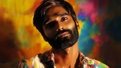Color-drenched male portrait before abstract bokeh backdrop