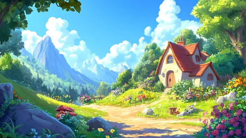 Cottage in flowered valley with mountains and forest backdrop.