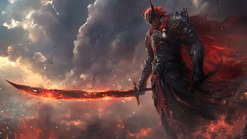 Hellfire warlord carves burning silence into storm-torn sky