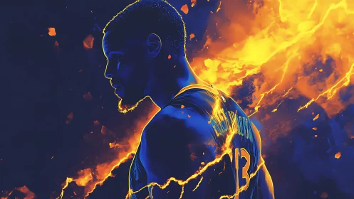 Electric blue athlete silhouette amid dynamic fireburst lighting.