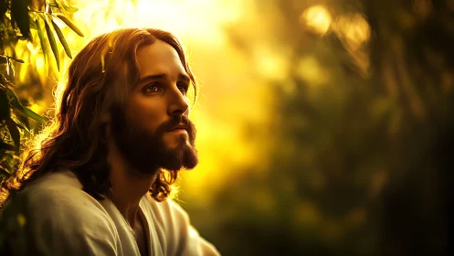 Bearded man in golden forest light, contemplative gaze.