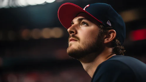 Stadium sideline portrait of focused baseball player profile.
