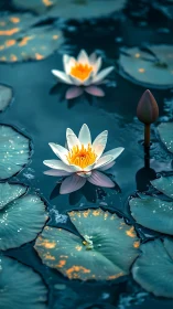 Quiet water lilies glow softly above calm blue ripples