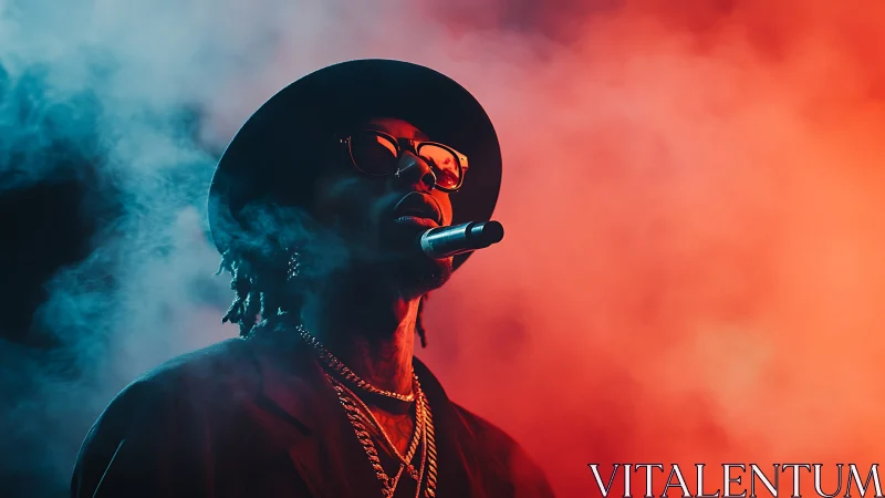 Male performer in hat and glasses amid colored stage smoke.