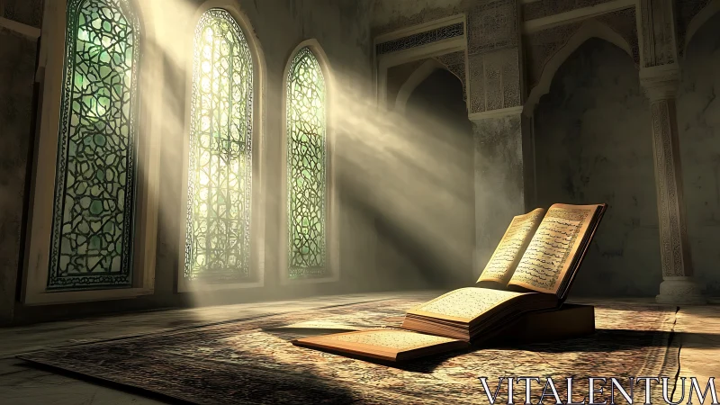 Sunlit Quran resting peacefully in a quiet sacred hall.