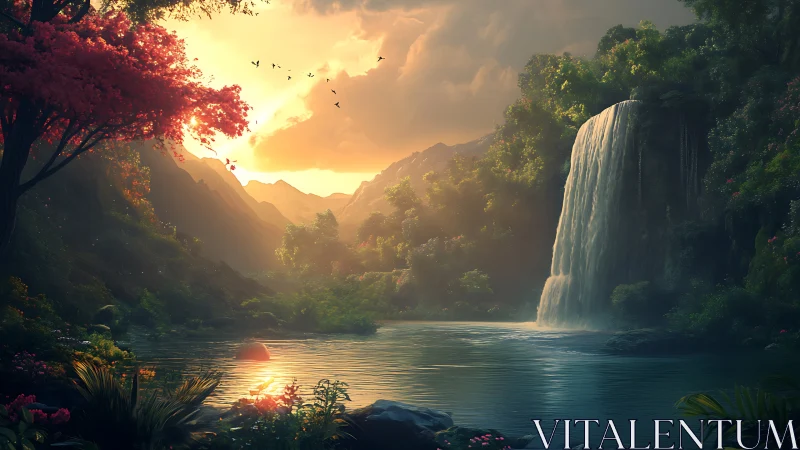 Sunset waterfall hushes a hidden valley into glowing stillness