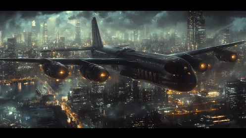Nocturne airliner prowls neon storm above electric city.