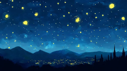 Starry midnight hills and a sleepy town wrapped in light.