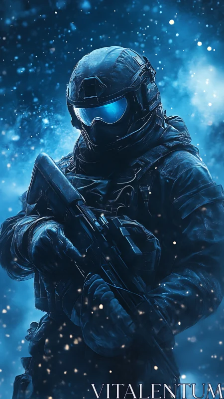 Armored soldier with rifle in blue-lit frozen environment.