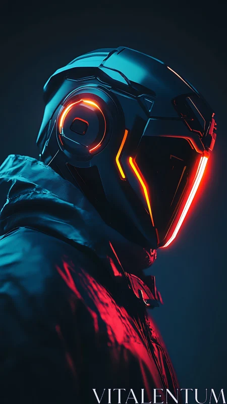 Neon-lit tactical exosuit helmet profile with emissive visor