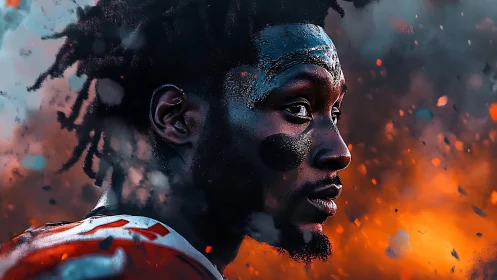 Intense football player portrait against blazing abstract backdrop