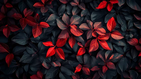 Red foliage pattern over dark leaves in top view layout.