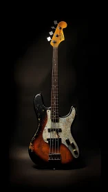 Vintage electric bass guitar stands against dark studio backdrop