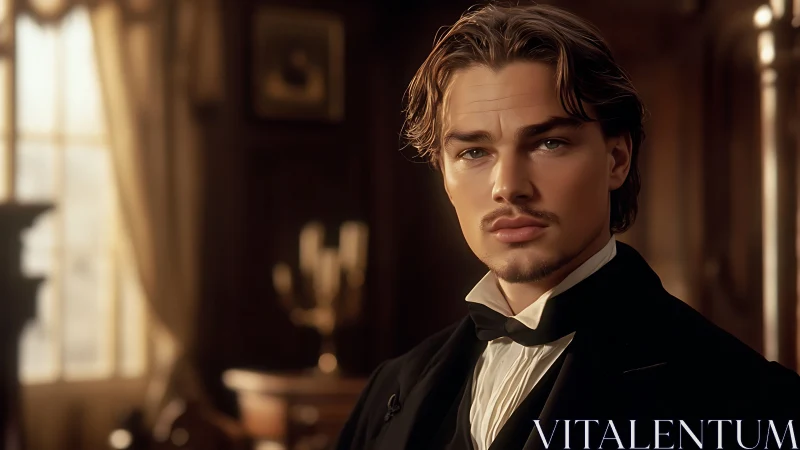 Velvet-lit gentleman studies the room with quiet resolve