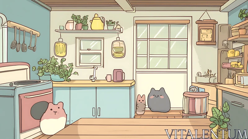 Illustrated Kitchen Interior with Anthropomorphic Feline Characters.